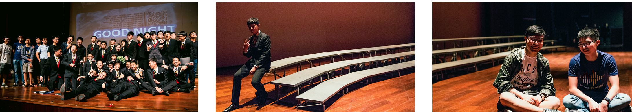 Three photos show a large group in suits on stage, a man posing on bleachers, and two young men sitting on a wooden floor.